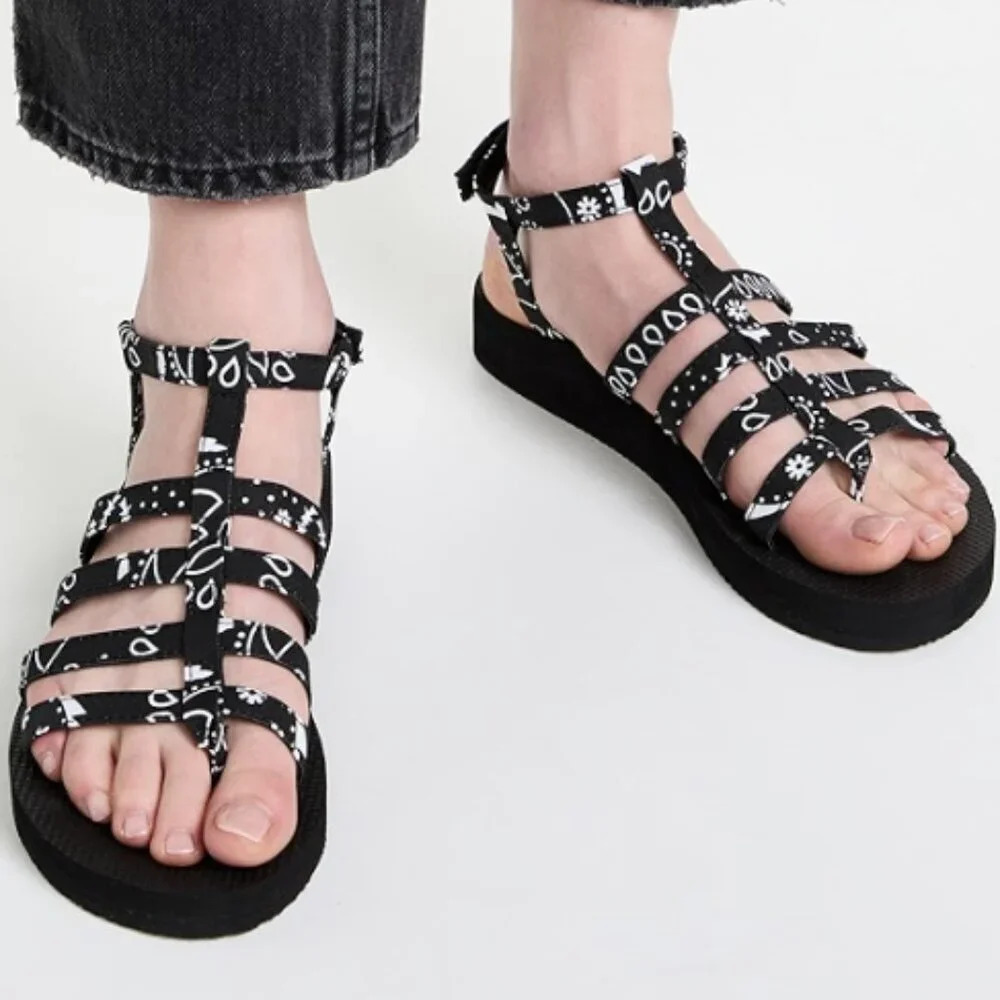 New! Arizona Love Trekky Flat Spartiate Sandals In Black Bandana Eu 35